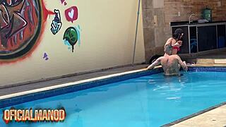 Famous instagram girl from paraiba falls into the net and has fun in the pool with tattooed guy