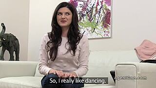 Busty cutie slams hard doggy style during a raw casting interview. She owns every rough thrust!